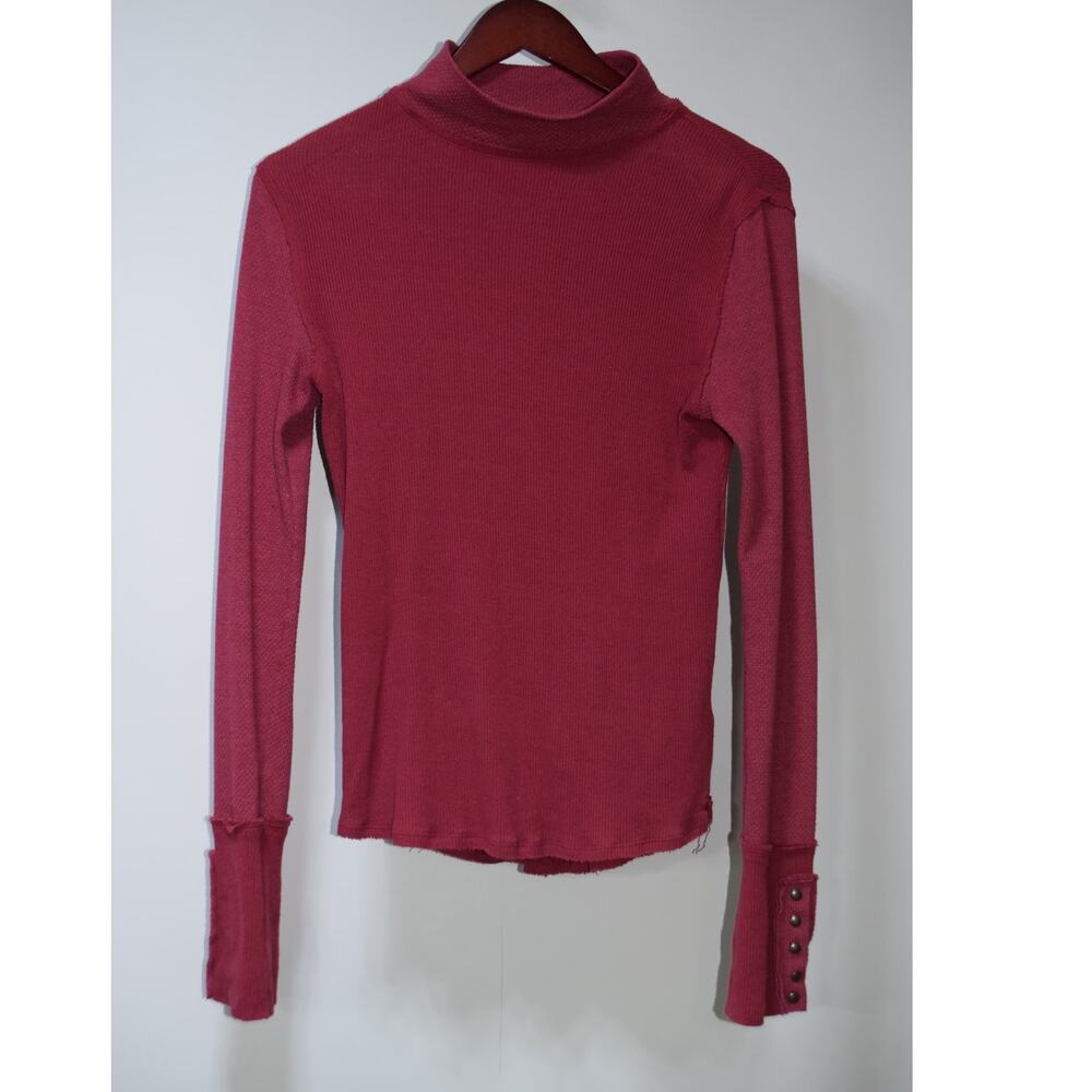 Free People We The Free Red Ribbed Turtleneck Long Sleeve Top Snap Cuff Medium